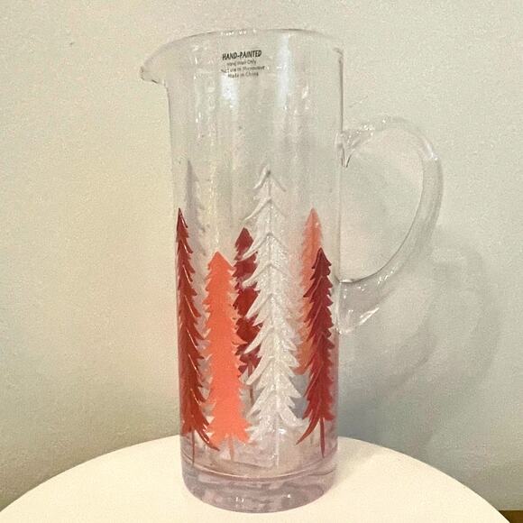 Hand-Painted Glass Pitcher Pink and White Christmas Pine Tree Forest New RARE - Picture 2 of 16